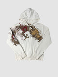 Y2K Avenue white zip-up hoodie featuring a detailed gold and brown dragon print with cherry blossoms