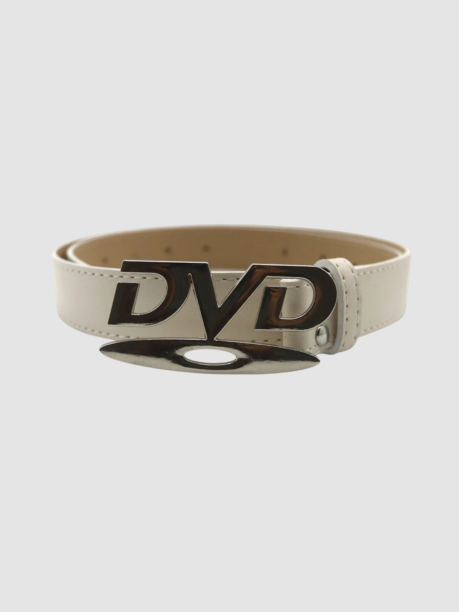 Y2K Avenue white faux leather belt featuring a silver metallic DVD logo buckle in a 2000s streetwear style.