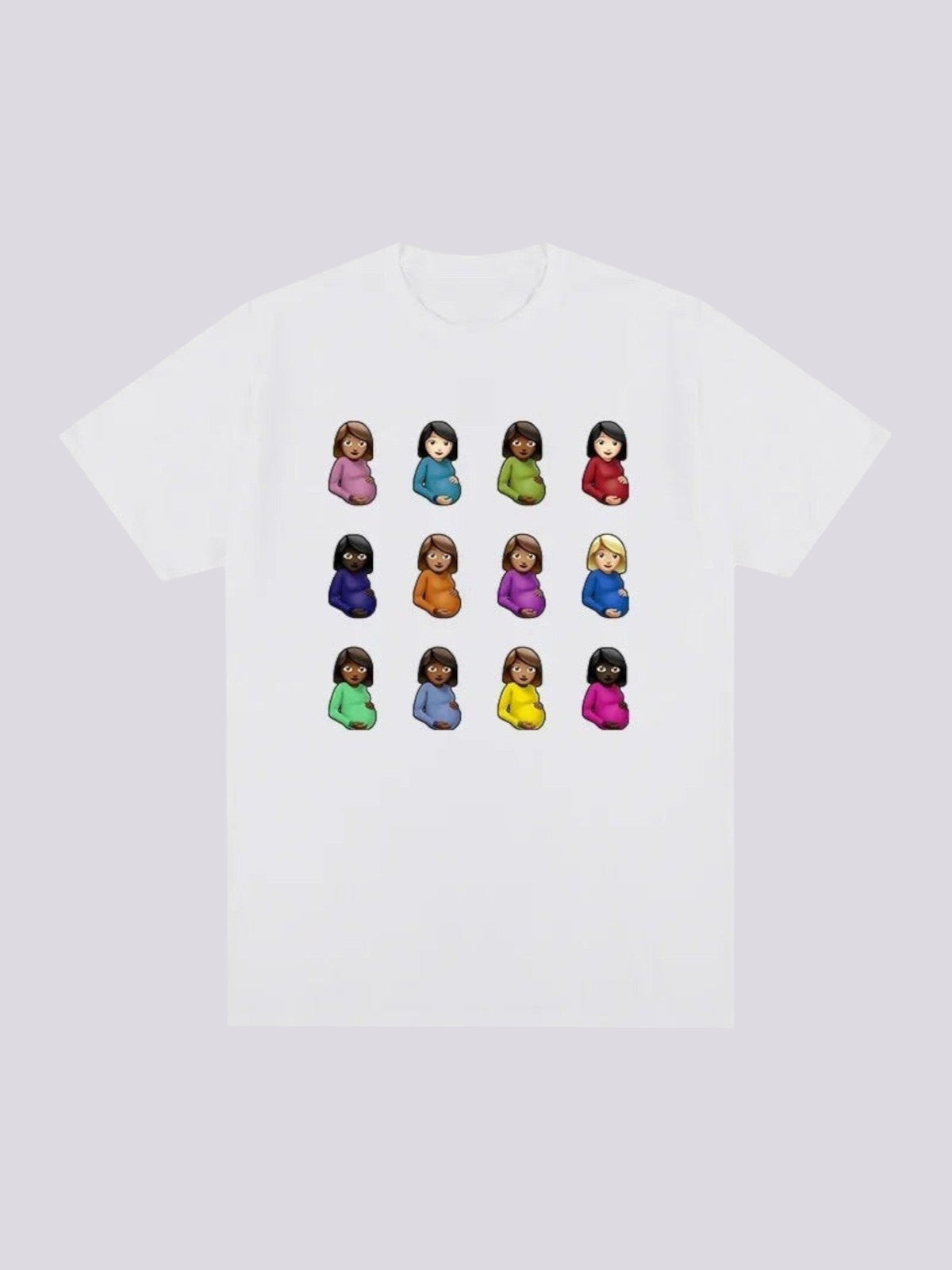 Y2K Avenue white t-shirt featuring a grid of twelve colorful pregnant woman emojis in a Y2K graphic style.