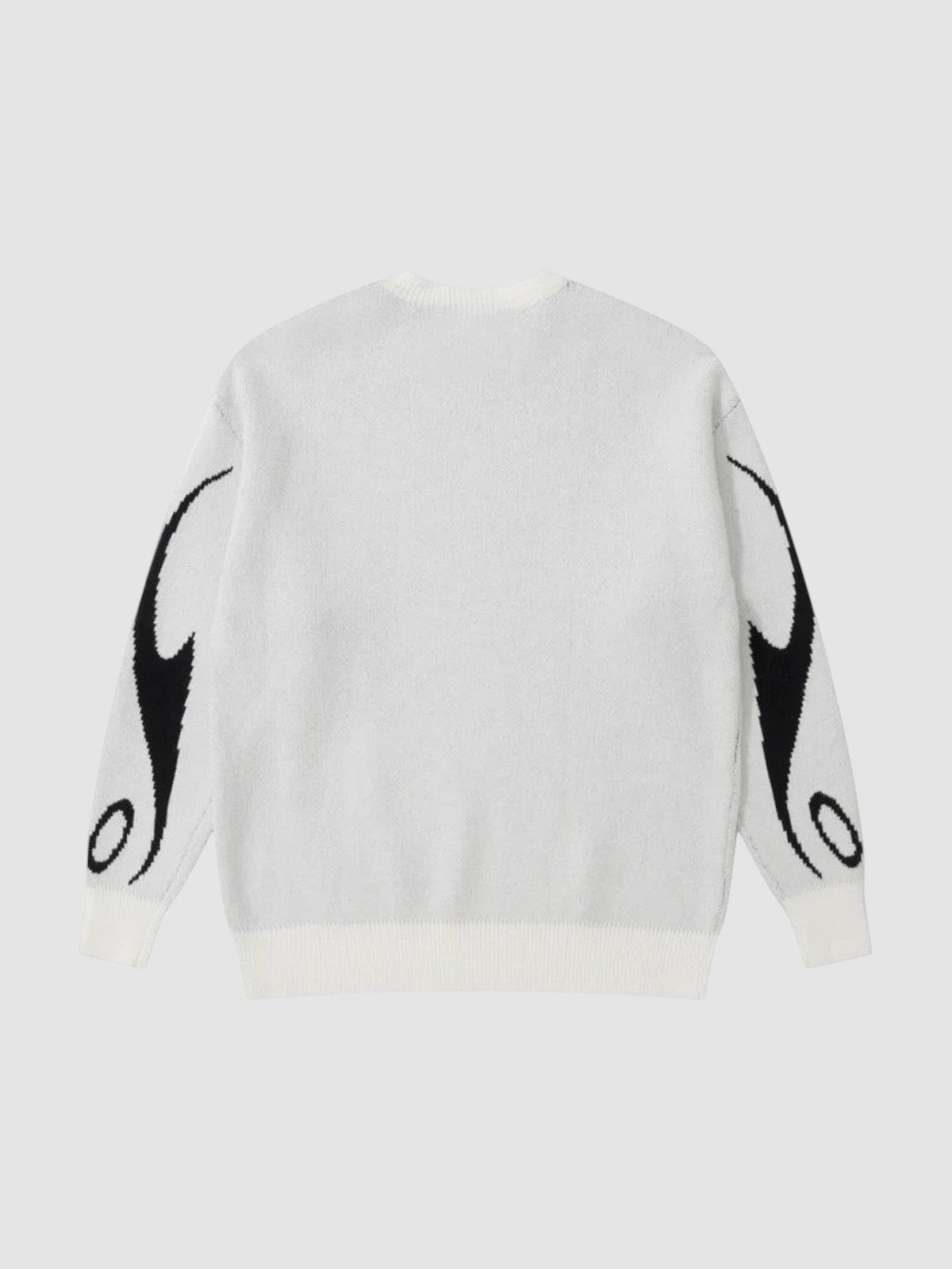 Y2K AVENUE white knit sweater with black flame motifs on the sleeves, featuring a crew neck and loose fit.