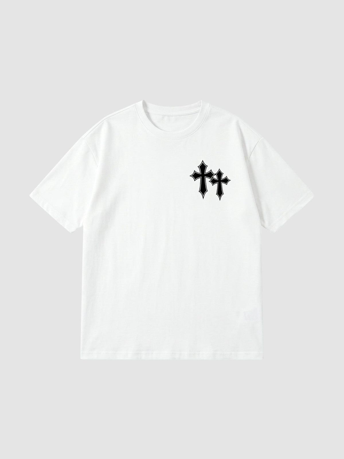 Y2K Avenue white oversized cotton t-shirt with black gothic cross graphic on the chest and ribbed crew neck.