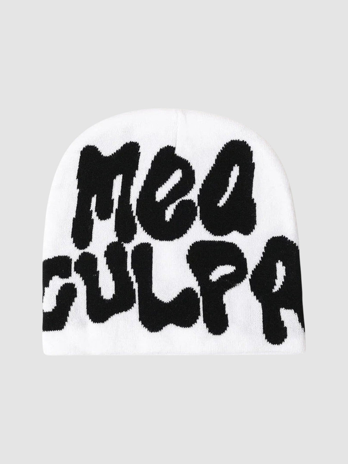Y2K Avenue white beanie with black graffiti-style Mea Culpa bubble lettering in a skullie fit