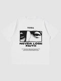 Y2K Avenue white oversize t-shirt with Never Lose Faith graphic print featuring eyes and bold typography