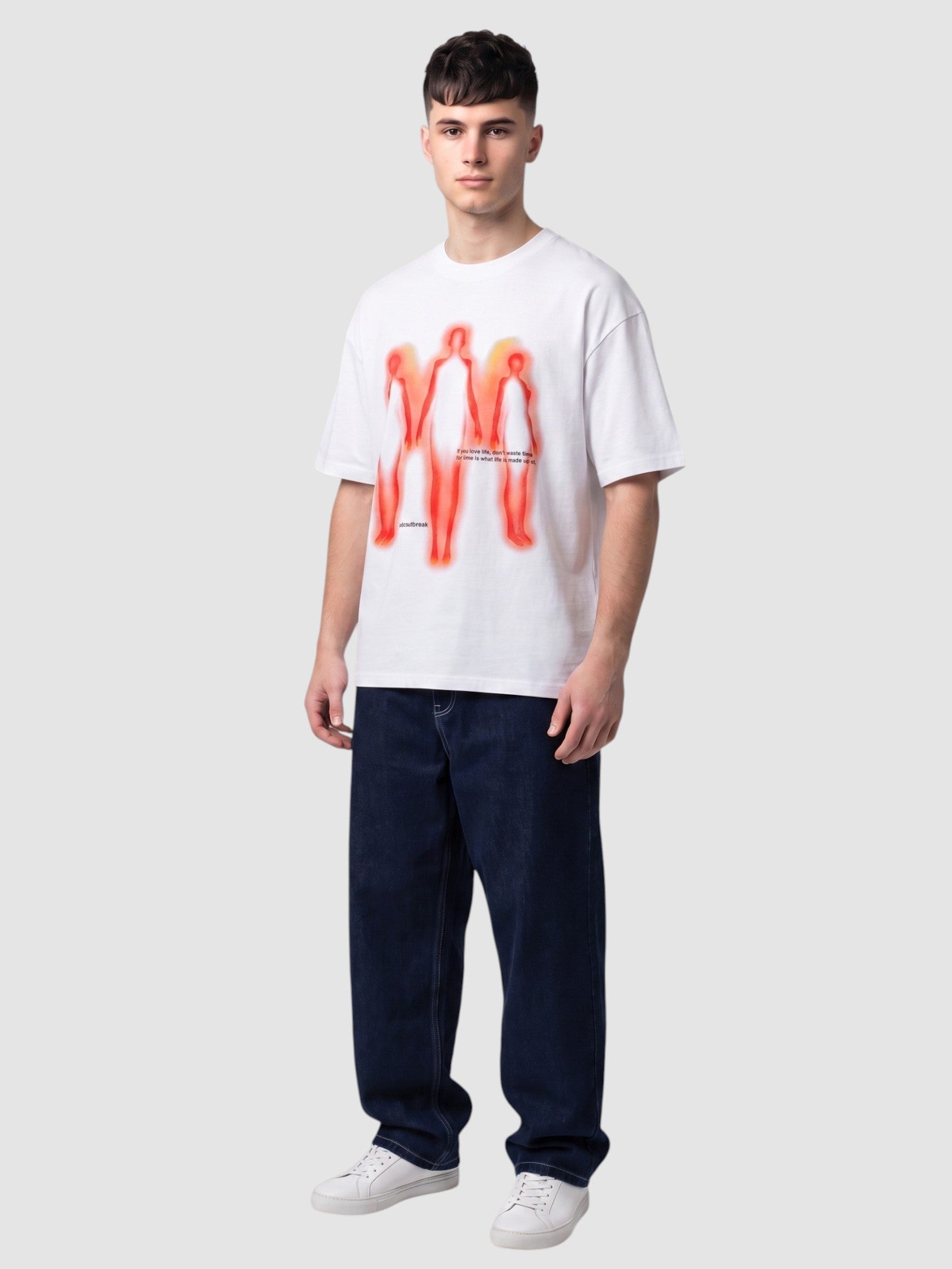 Y2K Avenue white oversized cotton t-shirt with red and orange thermal-style silhouette graphic print on a male model