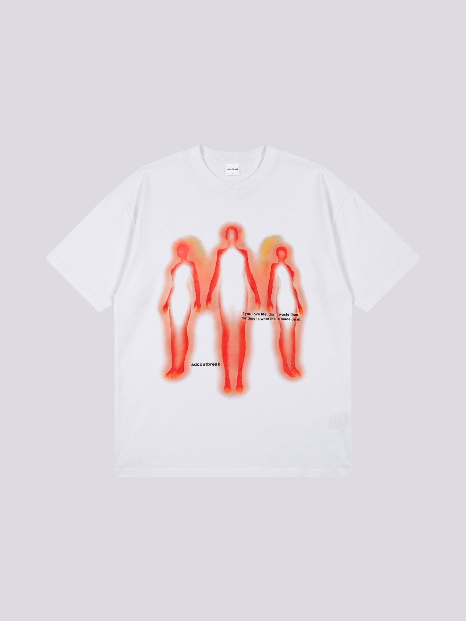 Y2K Avenue white oversized cotton t-shirt featuring a red and orange thermal-style human silhouette graphic print.