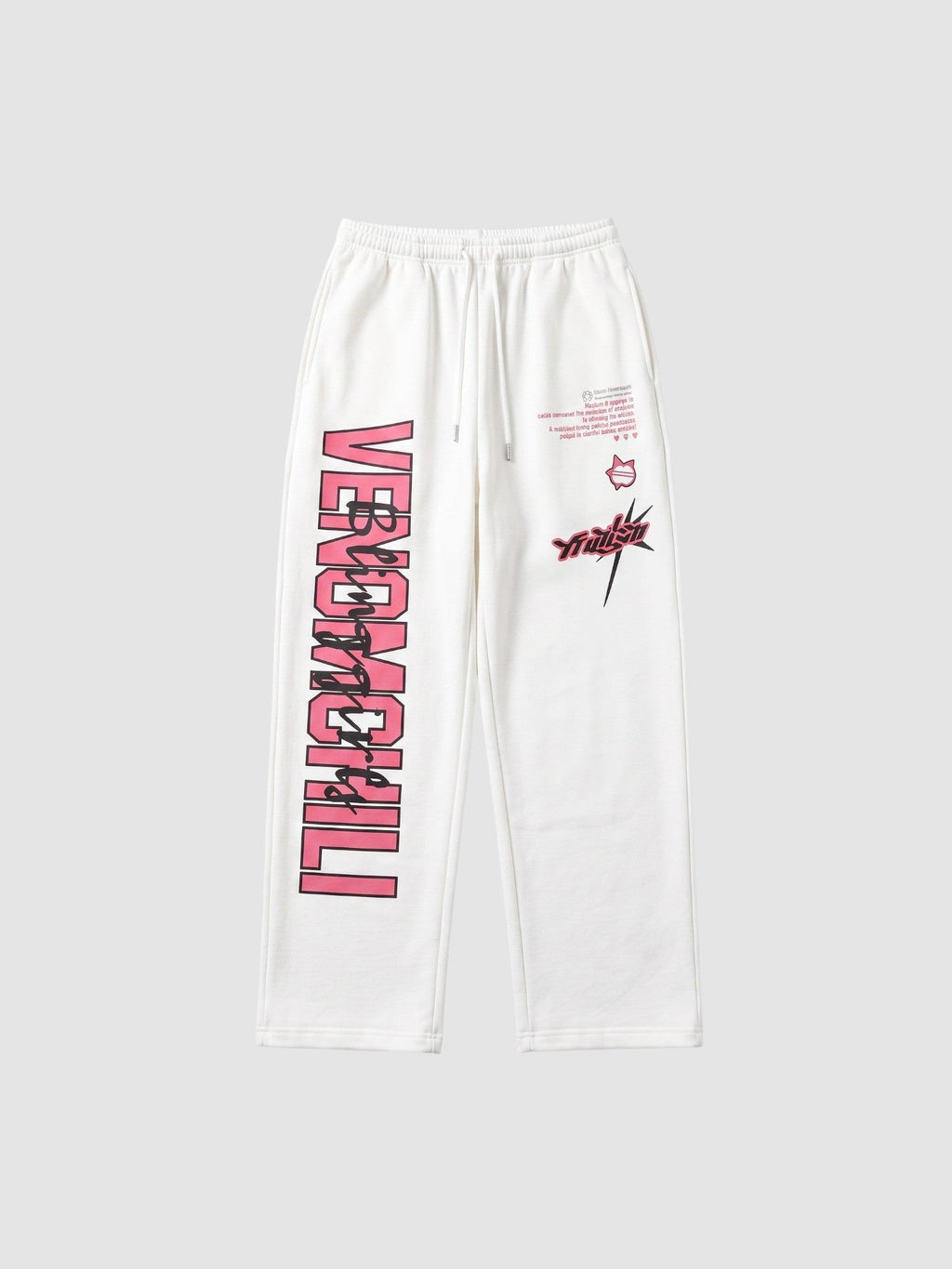 Y2K AVENUE white joggers featuring pink vertical lettering on the left leg and graphic prints on the right thigh.