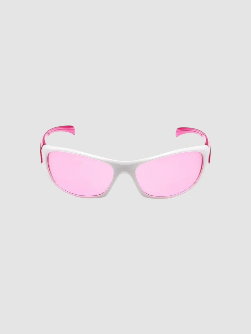 Y2K Avenue wraparound sport sunglasses with white frame and pink tinted lenses for a retro athletic look