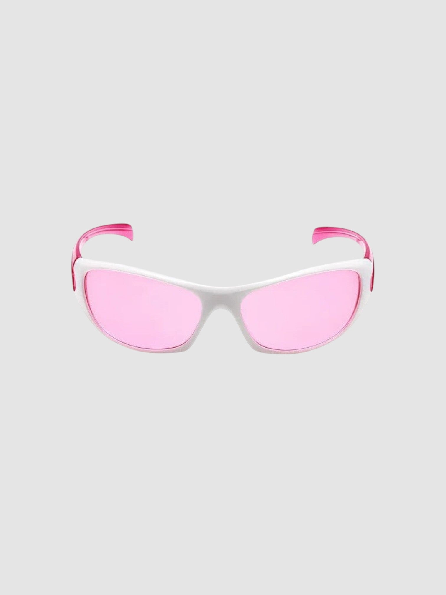 Y2K Avenue wraparound sport sunglasses with white frame and pink tinted lenses for a retro athletic look