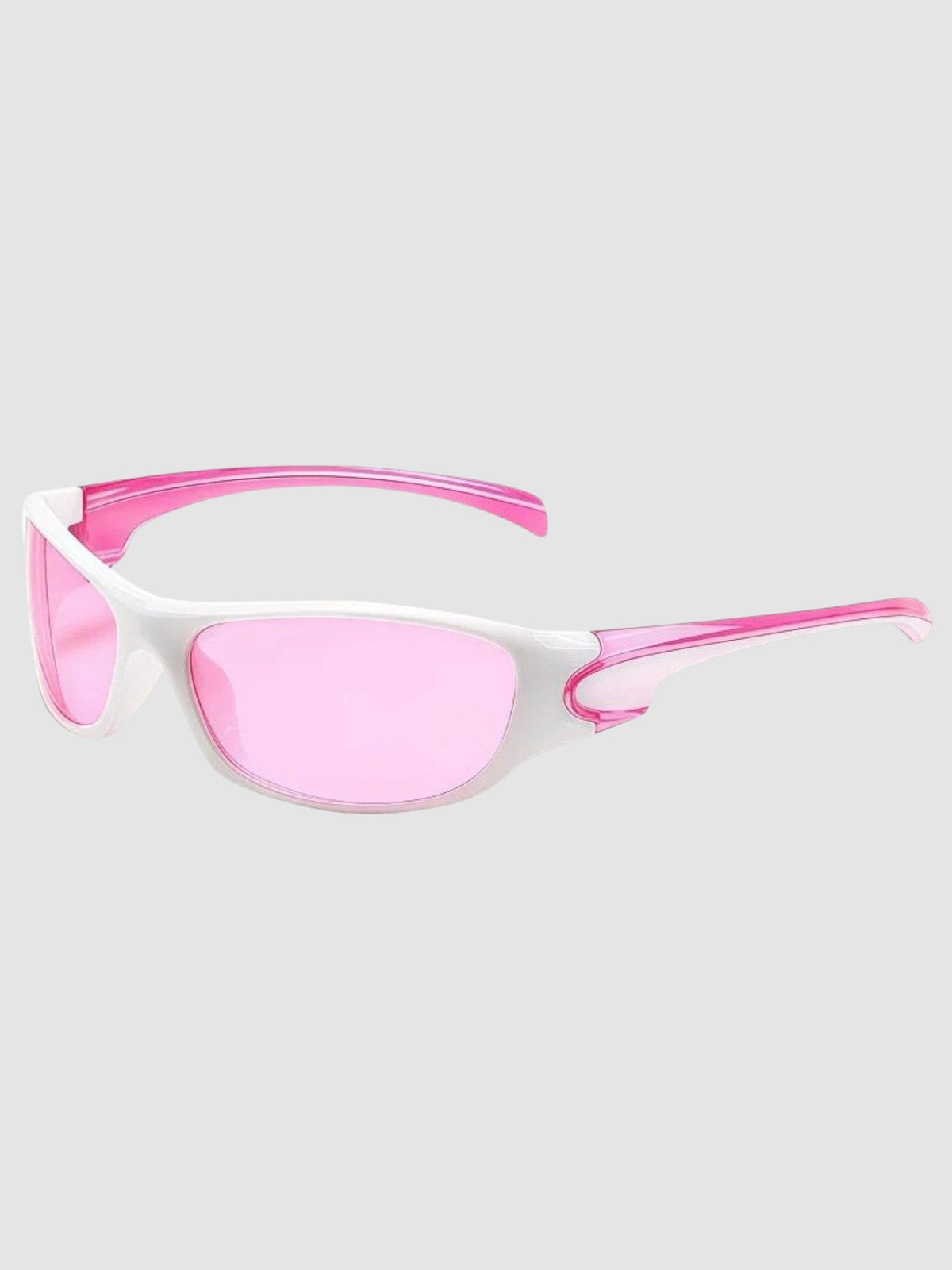 Y2K Avenue wraparound sport sunglasses with a white frame and translucent pink lenses and temples