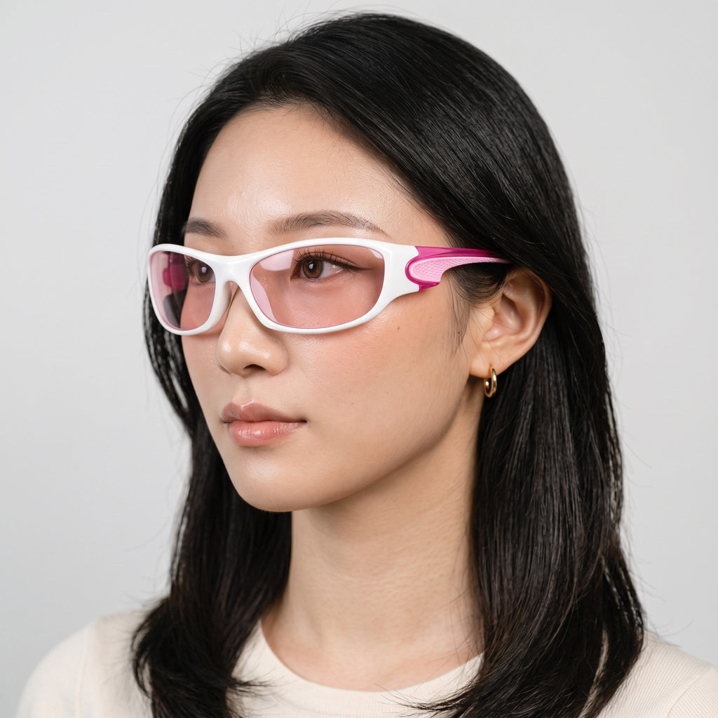 Y2K AVENUE wraparound sport sunglasses with white frame and pink accents worn by a model