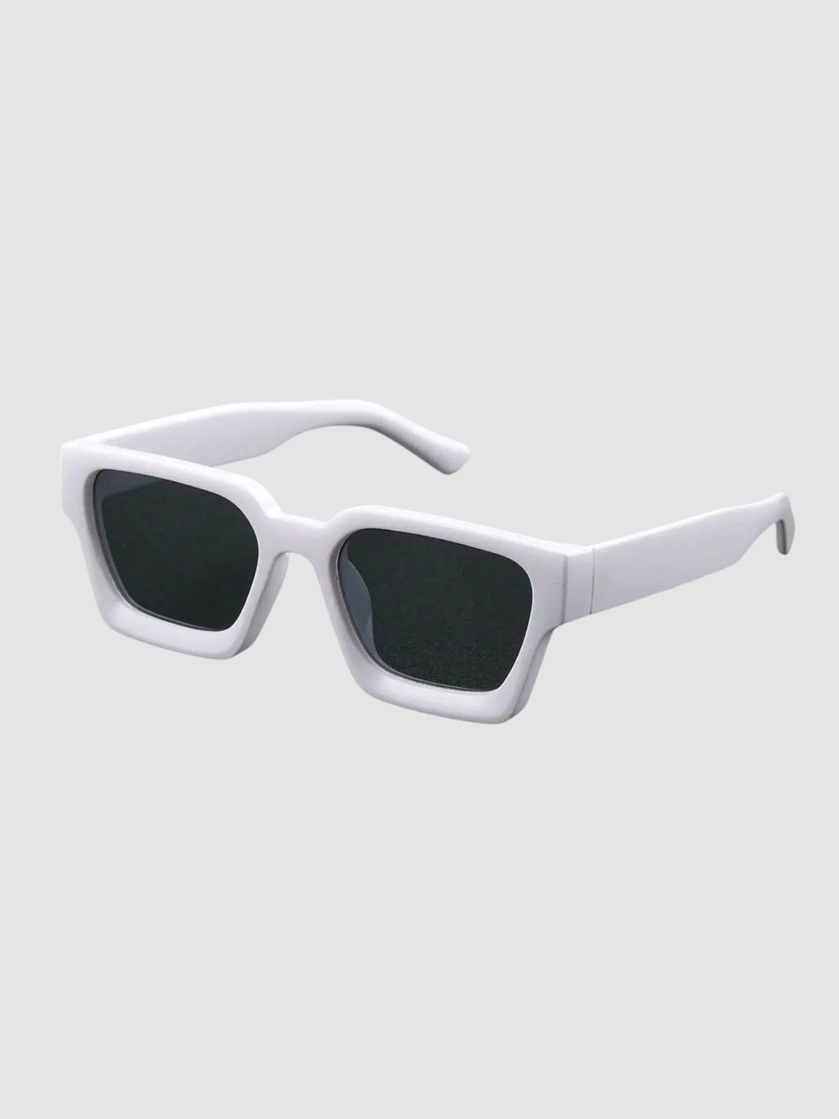 Y2K Avenue white thick rectangular sunglasses with dark UV400 polycarbonate lenses and wide straight temples