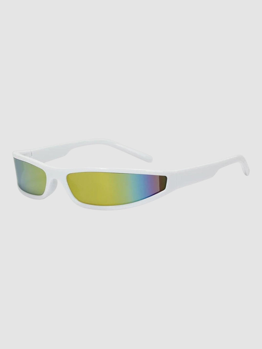 Y2K Avenue white retro sunglasses with a seamless block frame and iridescent reflective mirror lenses