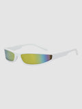 Y2K Avenue white retro sunglasses with a seamless block frame and iridescent reflective mirror lenses