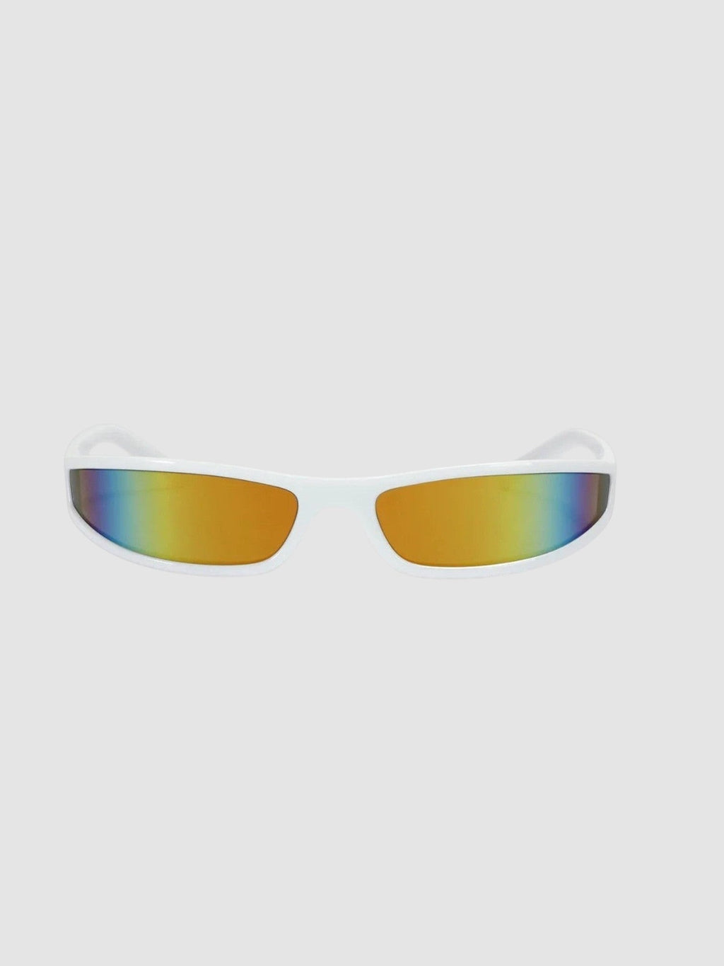 Y2K Avenue white retro sunglasses with a seamless block frame and iridescent orange mirror lenses.