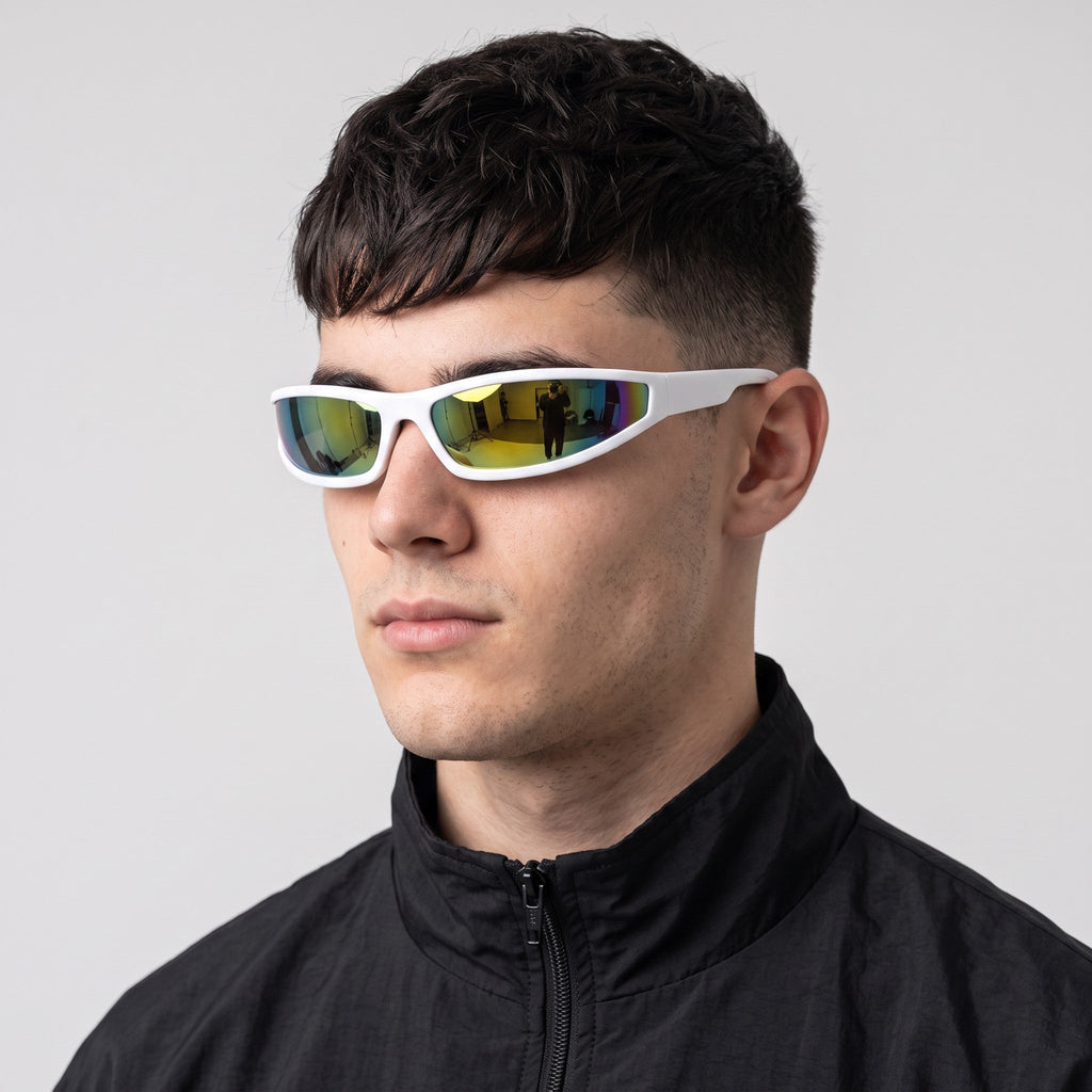 Y2K AVENUE white Y2K retro sunglasses with a seamless block frame and reflective mirror lenses worn by a man