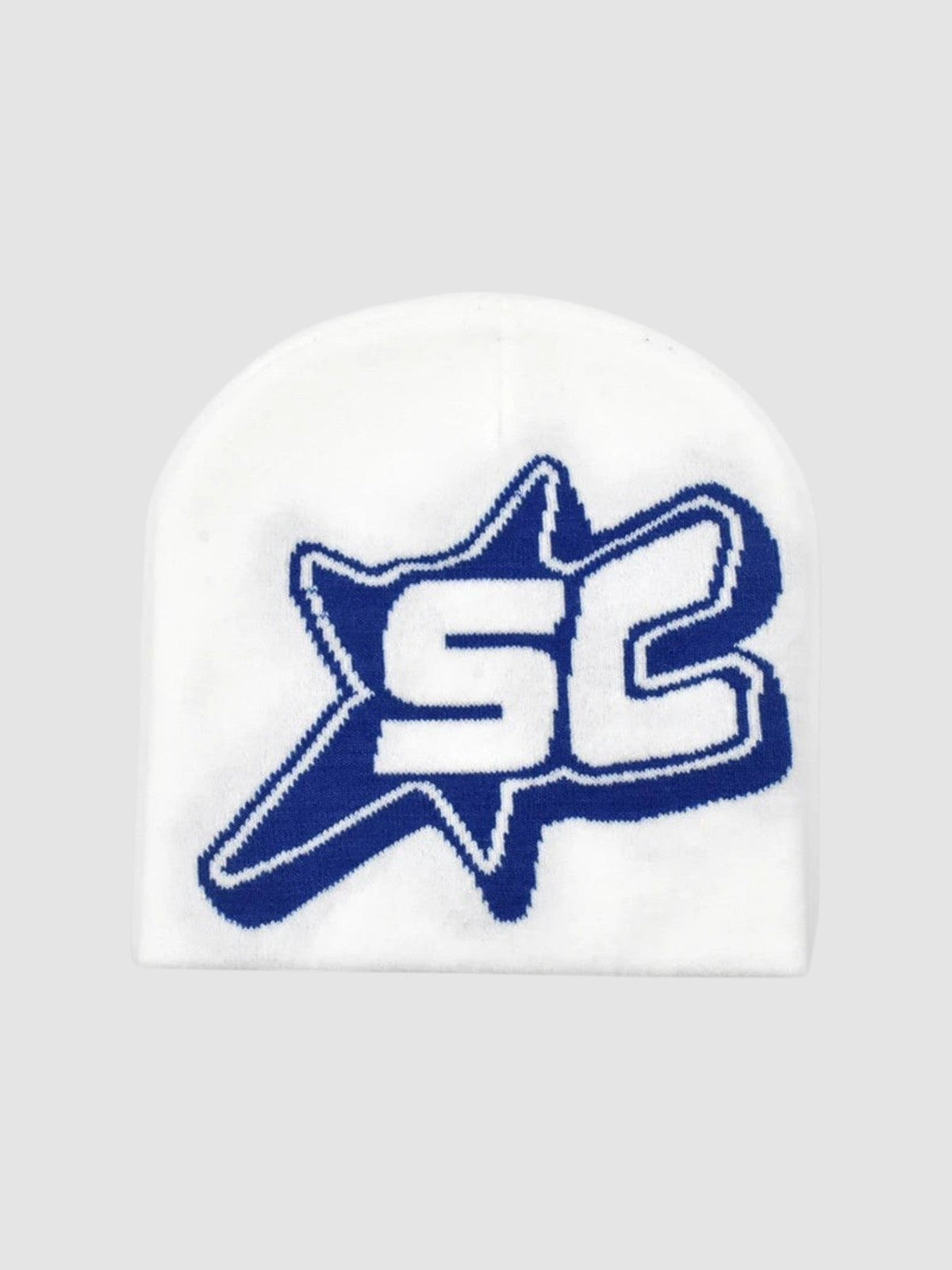 Y2K Avenue streetwear skullie beanie in white with a blue SC monogram inside a shooting star graphic