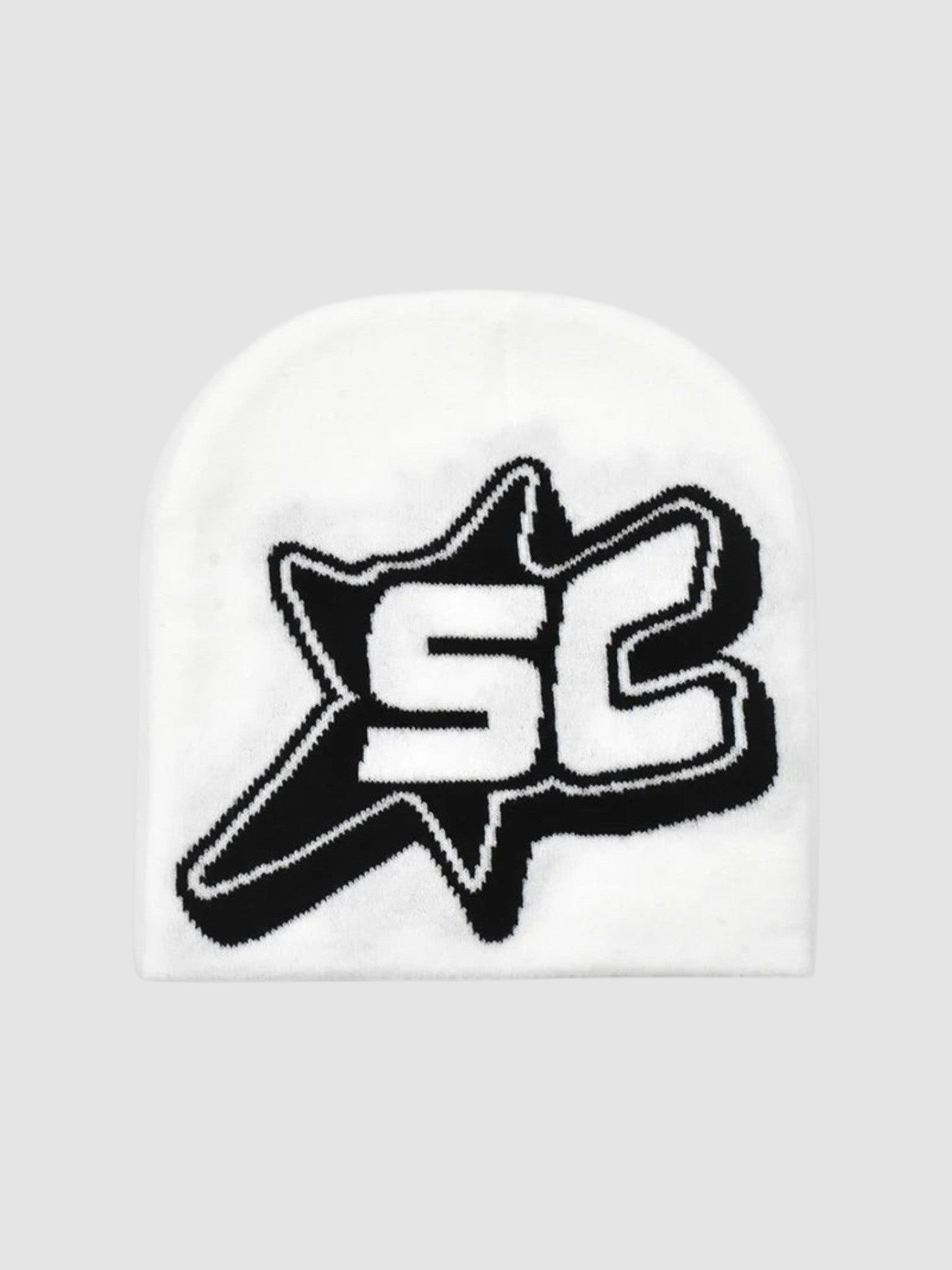 Y2K Avenue streetwear skullie beanie in white with a bold black SC monogram inside a shooting star graphic