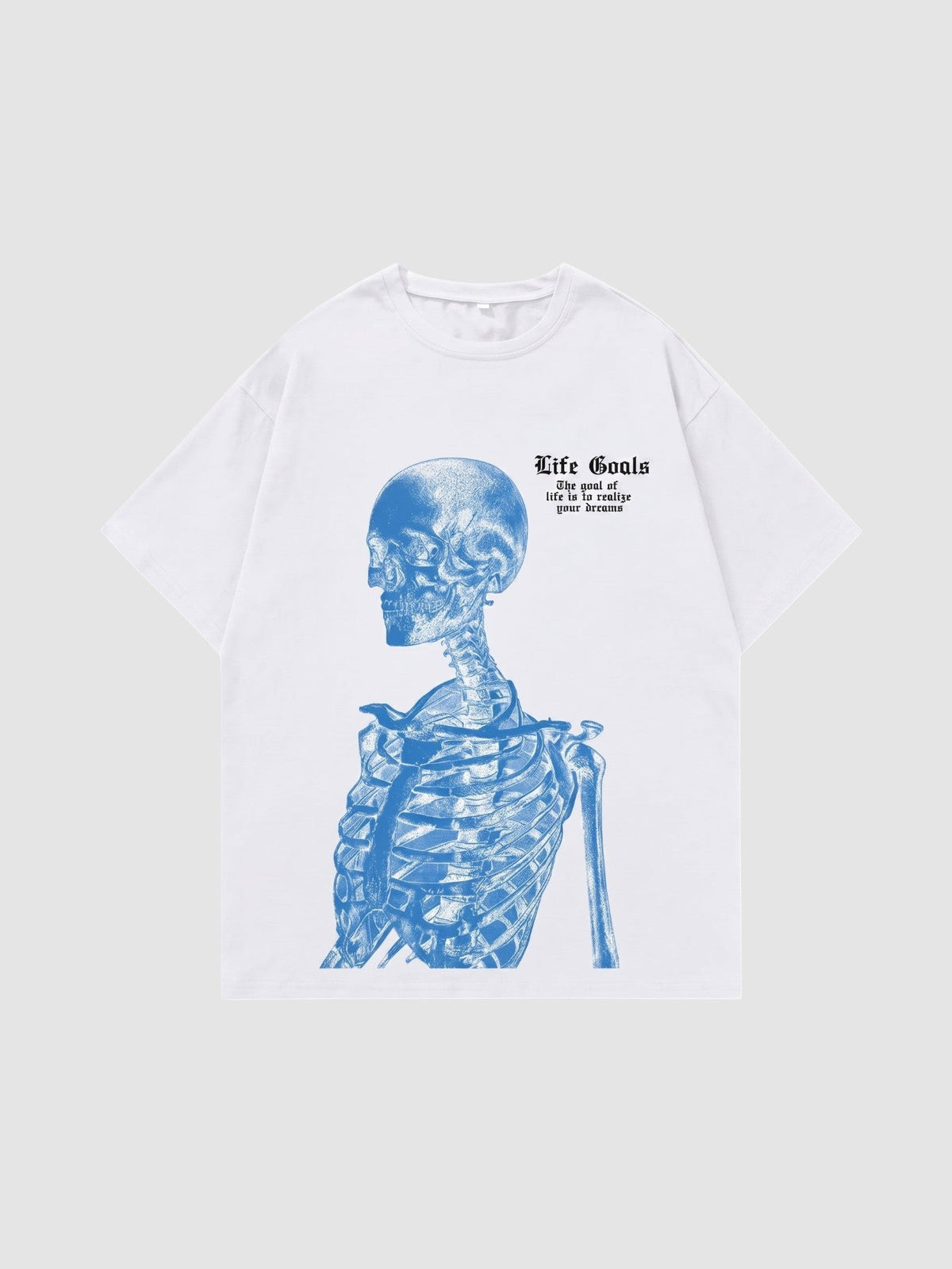 Y2K Avenue white cotton unisex t-shirt featuring a blue electric skeleton print and gothic Life Goals text