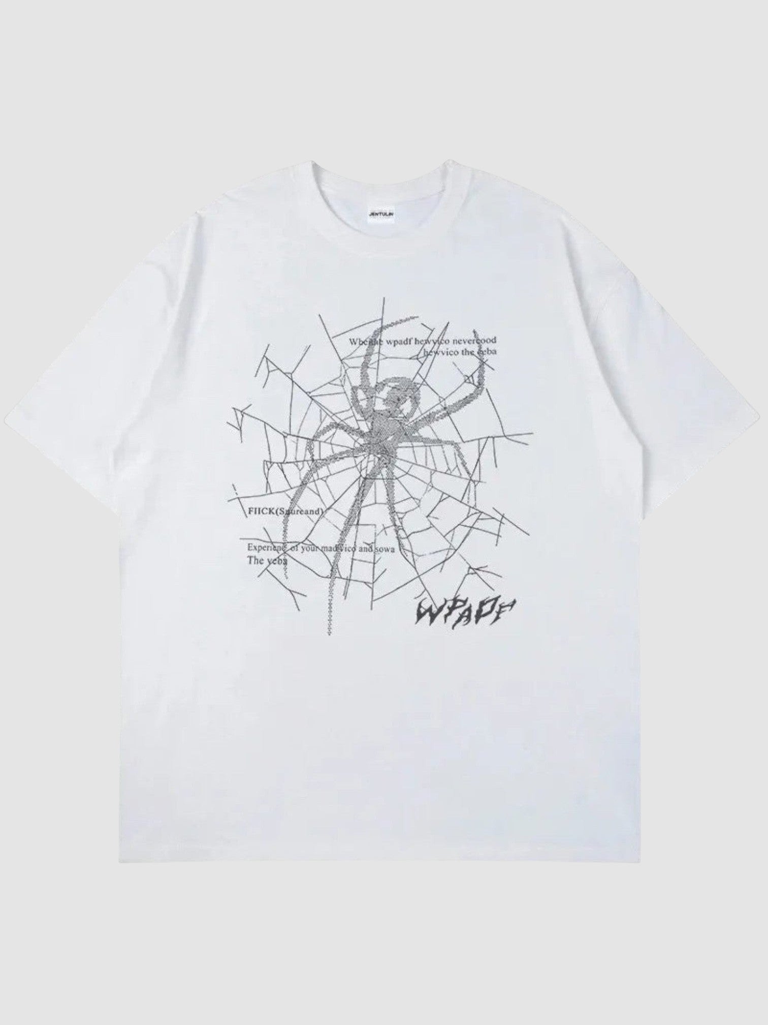 Y2K Avenue white oversized t-shirt featuring a black spider web graphic and gothic lettering in a relaxed fit