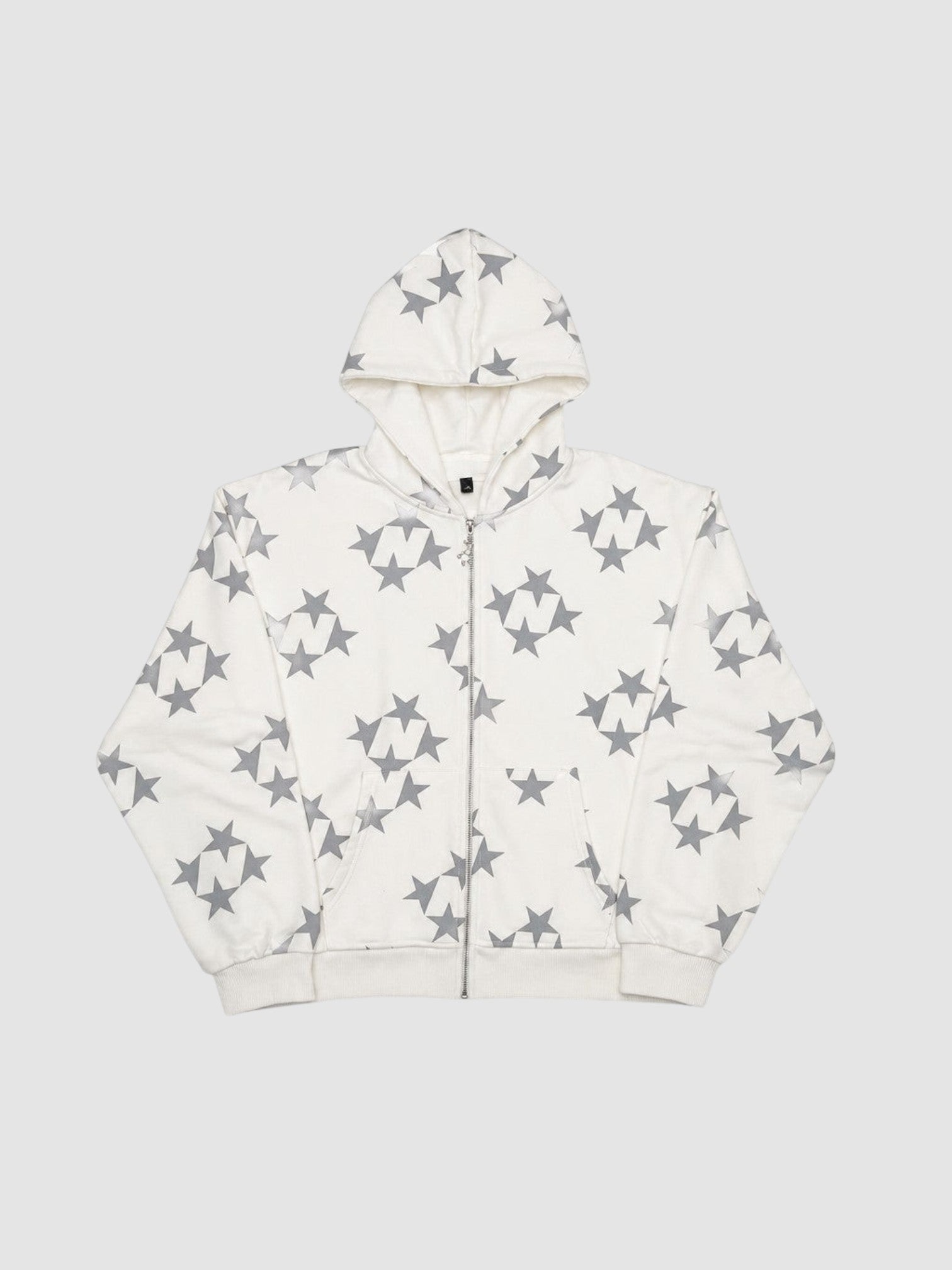 Y2K Avenue zip-up hoodie in white with an all-over grey star pattern, featuring a hood and front pockets.