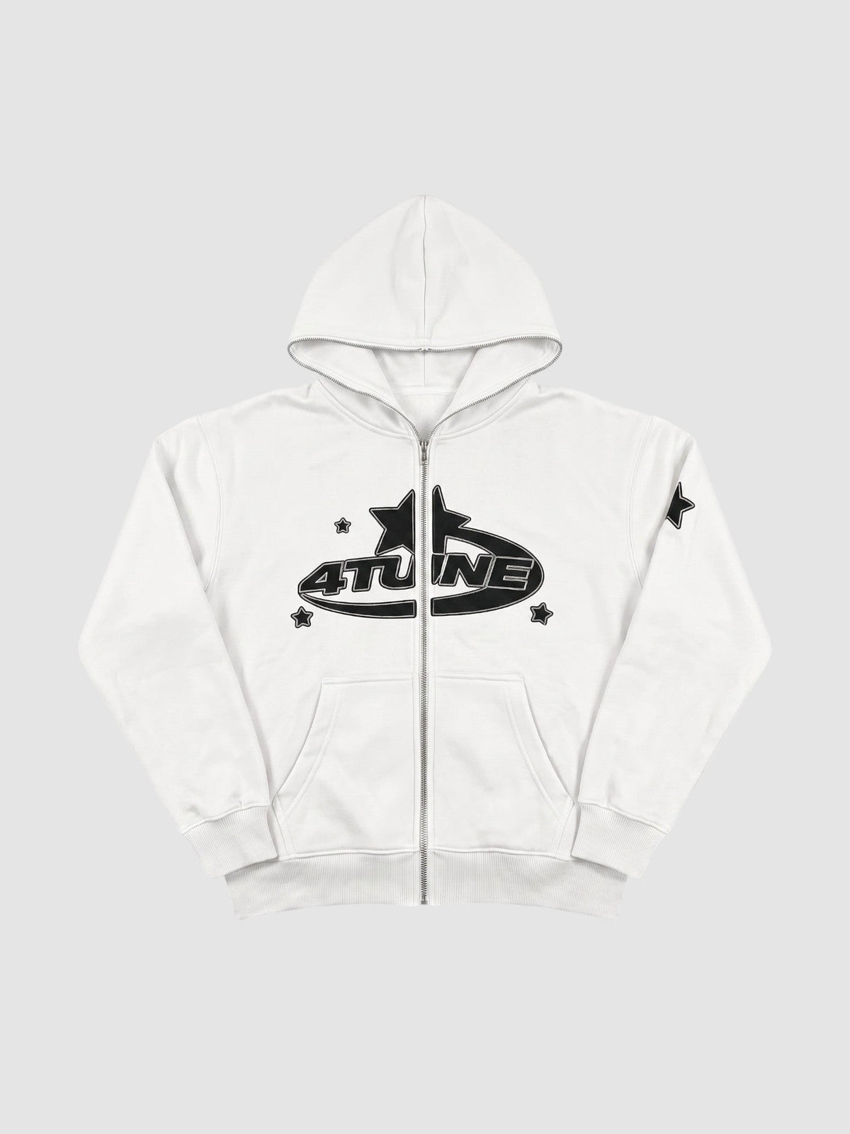 Y2K Avenue white zip-up hoodie with black 4TUNE graphic, star motifs, and oversized fit on a plain background.