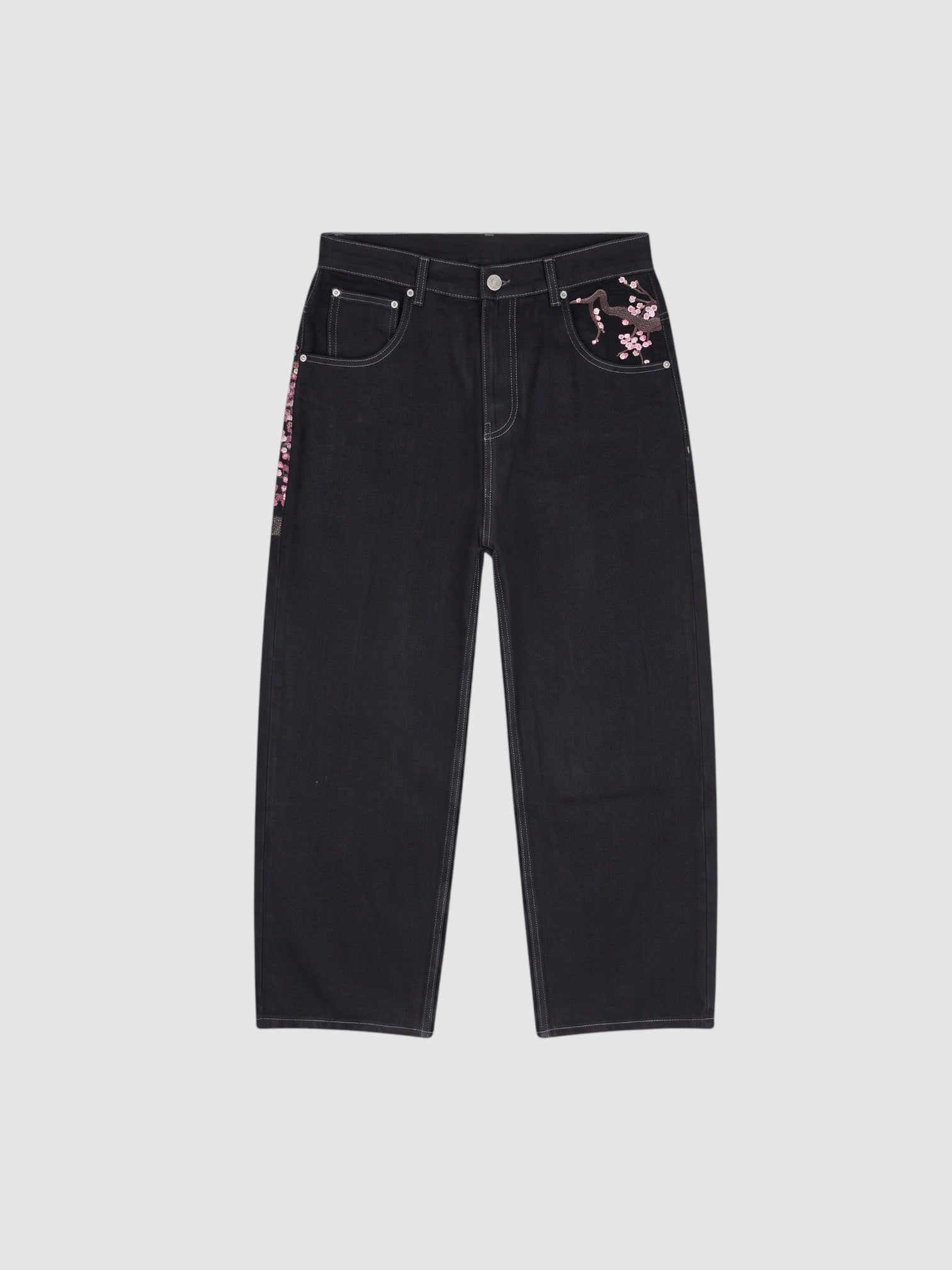 Y2K Avenue wide leg dark denim jeans featuring Japanese cherry blossom embroidery on the pockets and hip