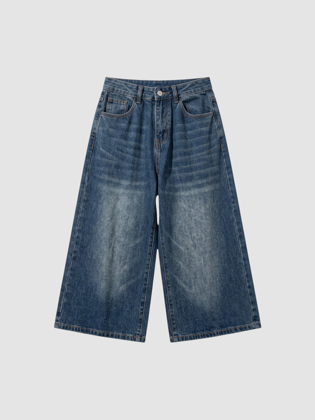 Y2K Avenue high-waisted wide-leg denim bermuda shorts in a vintage-washed blue finish with a button fly closure.