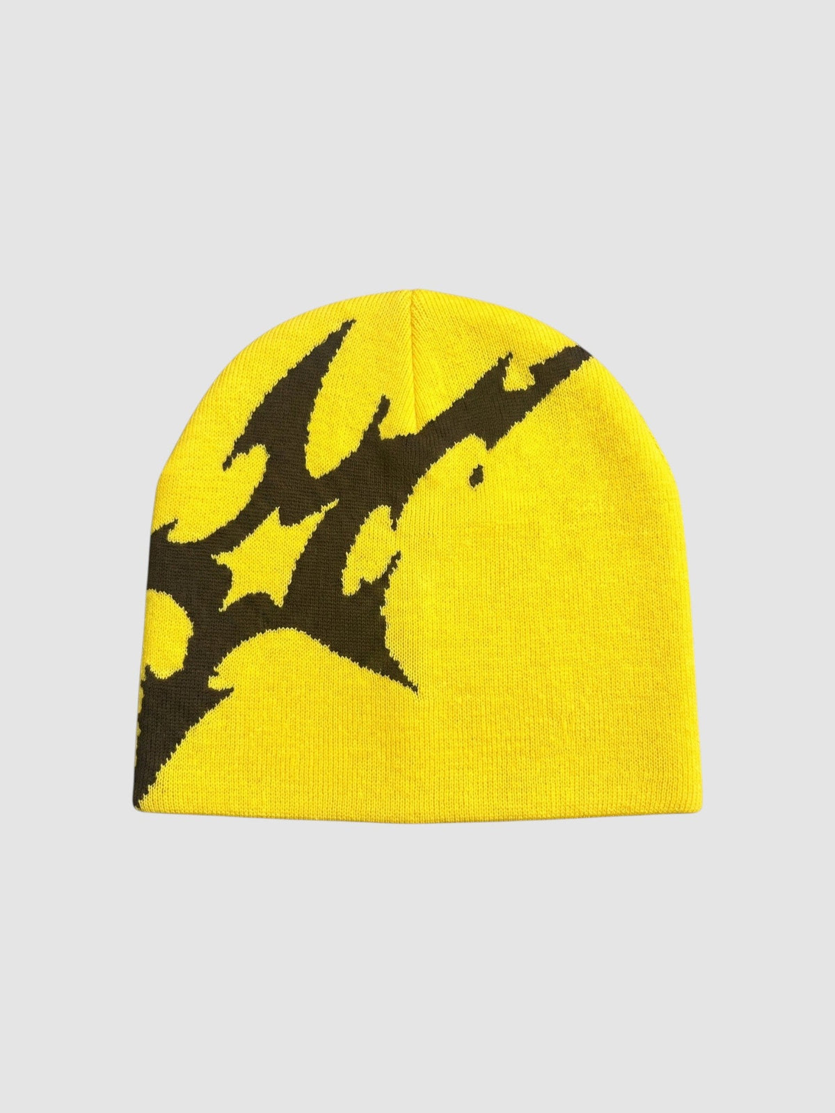 Y2K Avenue yellow acrylic beanie with a bold black asymmetrical lightning bolt graphic on the side