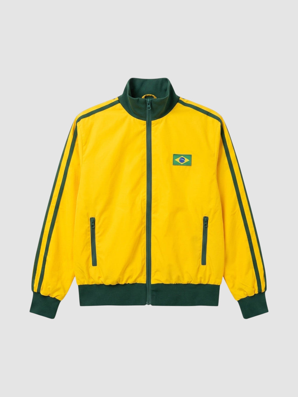 Y2K Avenue yellow and green Brazil track jacket with a high collar, side zip pockets, and a national flag patch.