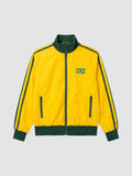 Y2K Avenue yellow and green Brazil track jacket with a high collar, side zip pockets, and a national flag patch.