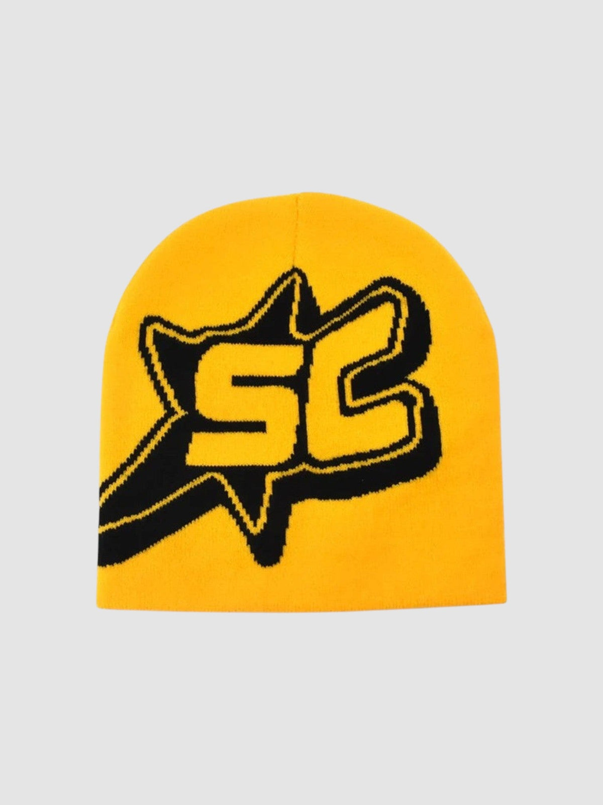 Y2K Avenue yellow streetwear skullie beanie featuring a bold black SC monogram inside a shooting star graphic