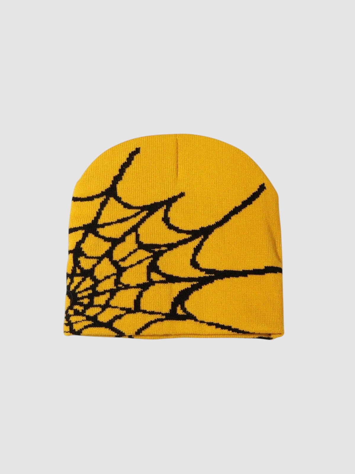 Y2K Avenue yellow beanie with a black spider web pattern in a fine knit polyester fabric